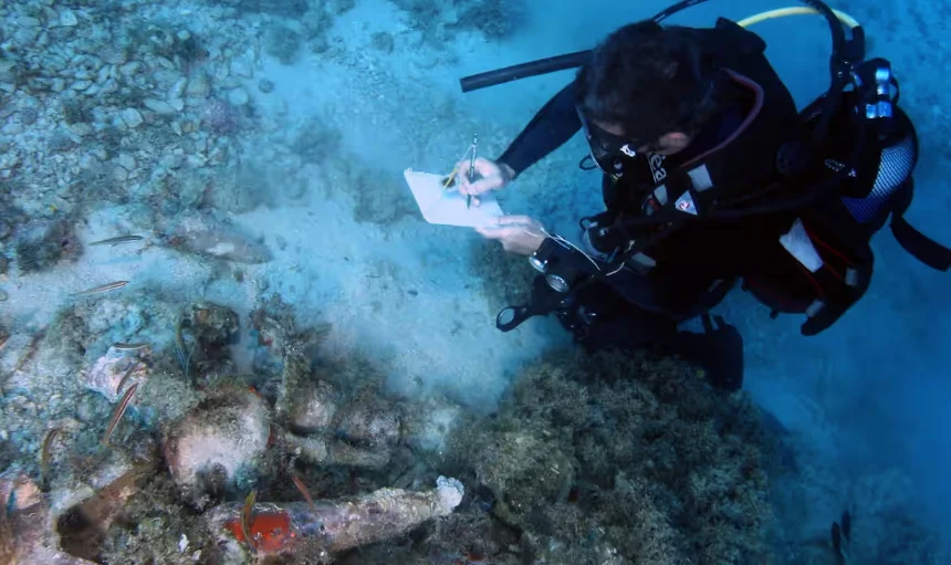 An underwater archaeologist takes notes on ancient jars found in a shipwreck off Fourni
